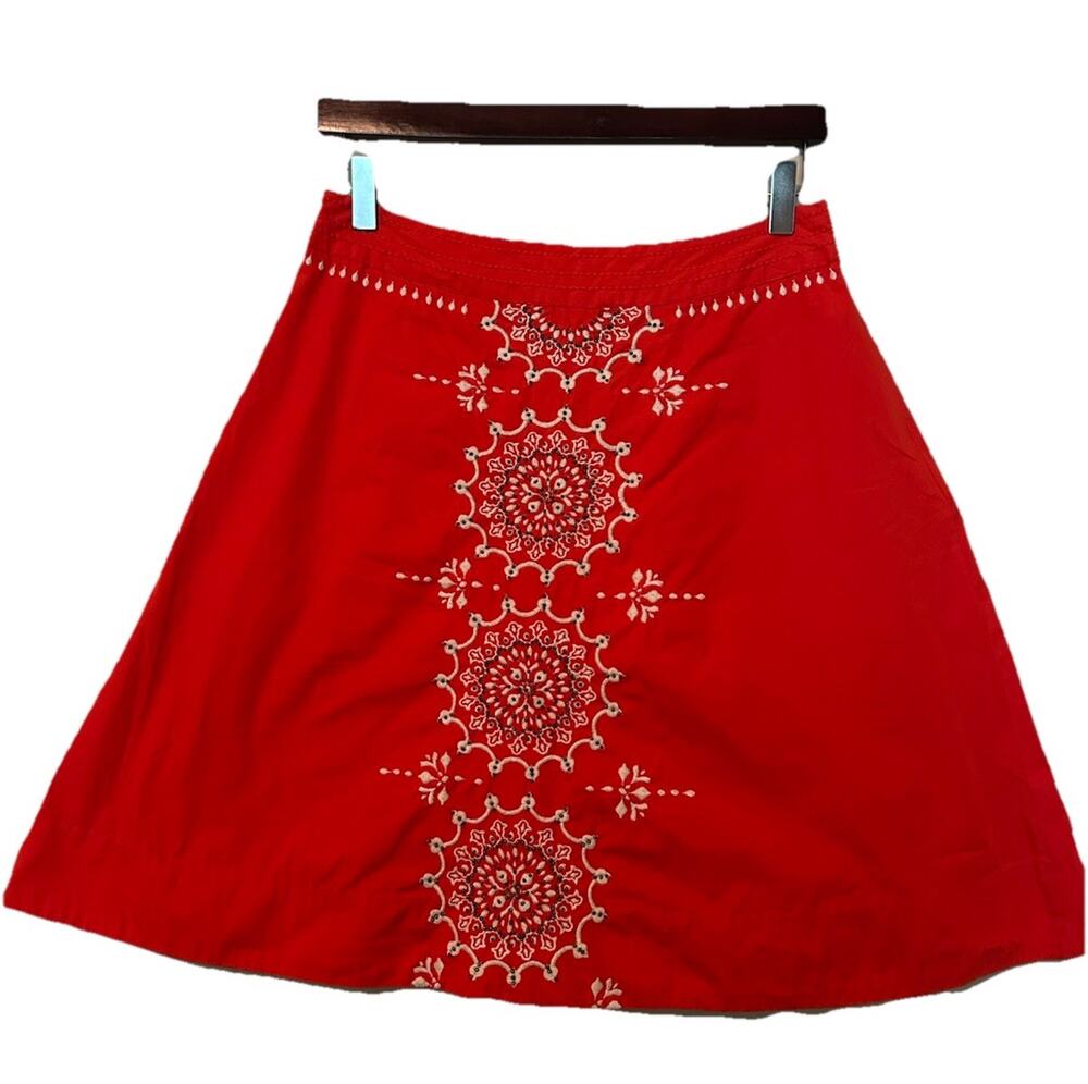 Boho *LITHE* Anthropologie BRIGHT ORANGE Embroidered BEADED A-line MINI SKIRT 4